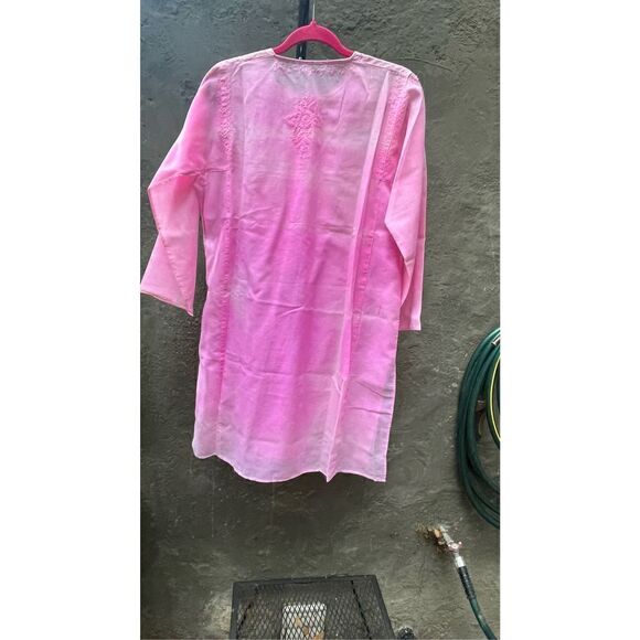 PINK TIE DYE SEMI SHEER COTTON CAFTAN COVERUP EMBROIDERED LONG KURTA TOP L/XL - Picture 13 of 15
